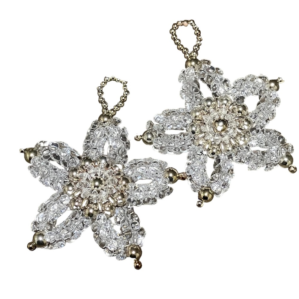 Vintage Handmade Clear Beaded 5 Point Star/Snowflake Christmas Ornaments Lotof 2